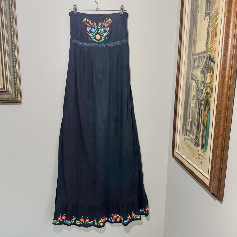 Joy Joy Embroidered Strapless Smocked Maxi Dress Black Cotton Boho M